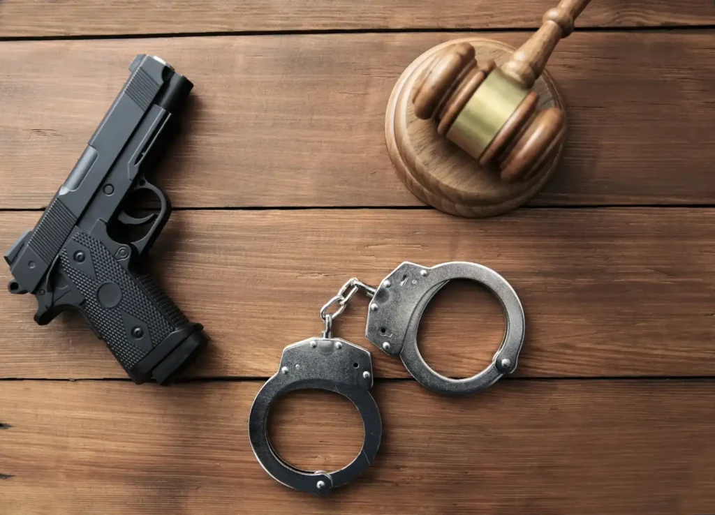 Gun, gavel, and handcuffs representing a weapons possession case.