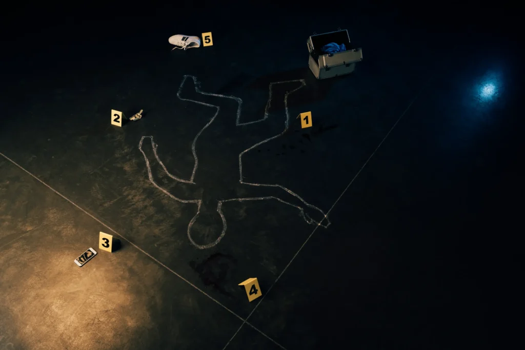 Crime scene with body outline and marked evidence.